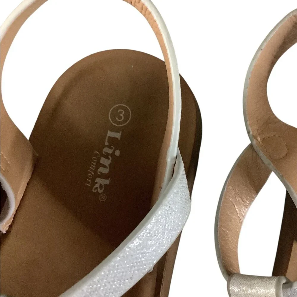 Link Comfort Girls White Rhinestone T-Strap Sandals Sz 3 Adjustable Buckle Strap